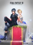  1girl black_hair blonde_hair boots bouquet capri_pants dress final_fantasy final_fantasy_xv flower hair_up lunafreya_nox_fleuret nagi_(siki2n) noctis_lucis_caelum pants petals sitting sparkle white_dress 