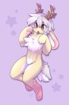2024 antlers blush chest_tuft chibi fleur_(fleurfurr) fleurfurr fur grey_tail hair hi_res horn jackalope lagomorph mammal orange_eyes pawpads pink_body pink_ears pink_fur pink_nose pink_pawpads tail tuft white_body white_fur white_hair white_inner_ear white_tail yellow_body yellow_ears yellow_fur