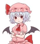  bangs batta_(ijigen_debris) blue_hair blush closed_mouth crossed_arms eyebrows_visible_through_hair hat looking_at_viewer mob_cap pink_hat pink_shirt pink_skirt puffy_short_sleeves puffy_sleeves red_eyes remilia_scarlet shirt short_hair short_sleeves skirt solo touhou upper_body wings wristband 