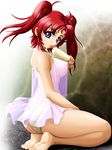  1girl babydoll feet gundam gundam_seed gundam_seed_destiny ice_cream lingerie looking_at_viewer meyrin_hawke no_bra onoe panties purple_eyes red_hair see-through solo twintails underwear 