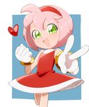 amy_rose bracelet dress gloves green_eyes hairband heart highres humanization jewelry omiya599 pink_hair red_dress short_hair smile solo sonic_the_hedgehog v 