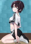  1girl absurdres aqua_eyes black_hair black_shorts black_sports_bra boots clothes_writing commentary crop_top crop_top_overhang crossed_fingers english_commentary from_side full_body grey_footwear grin highres hololive hololive_dance_practice_uniform indoors looking_at_viewer midriff official_alternate_costume oozora_subaru panties_visible_through_clothes seiji_kimoti seiza shirt short_hair short_shorts shorts sitting smile solo sports_bra sweat swept_bangs t-shirt very_sweaty virtual_youtuber white_shirt wooden_floor 