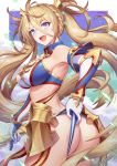  1girl ass bangs bare_shoulders bikini bikini_pull blonde_hair blue_bikini blue_eyes blue_sky blush border bradamante_(fate/grand_order) braid breasts elbow_gloves fate/grand_order fate_(series) faulds french_braid gloves gold_trim hair_between_eyes hair_ornament halterneck highres large_breasts leaf98k long_hair looking_at_viewer looking_back open_mouth sky smile solo sparkle swimsuit thighs twintails two-tone_bikini very_long_hair weapon white_bikini white_border 