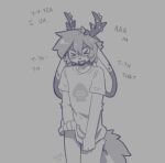 &gt;w&lt; 2024 antlers blush clothed clothing embarrassed fleur_(fleurfurr) fleurfurr fur hair horn jackalope lagomorph mammal monochrome open_mouth oversized_clothing oversized_shirt oversized_topwear shirt signature stuttering tail topwear
