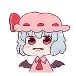  ascot batta_(ijigen_debris) biting blue_hair blush_stickers chibi commentary_request dress grimace hat lip_biting looking_at_viewer mob_cap pink_dress red_eyes red_neckwear remilia_scarlet short_hair simple_background solo touhou white_background wings 