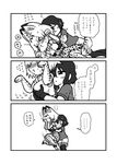  &gt;_&lt; 3koma animal_ears bare_shoulders blush bow bowtie breast_grab closed_eyes closed_mouth comic deception elbow_gloves flying_sweatdrops full-face_blush gloves grabbing grabbing_from_behind greyscale high-waist_skirt highres hug hug_from_behind kaban_(kemono_friends) kemono_friends kotobuki_(tiny_life) legs_together lying monochrome multiple_girls pantyhose serval_(kemono_friends) serval_ears serval_print shirt short_hair shorts skirt sweatdrop thighhighs translated wide-eyed yuri 