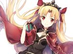  bad_id bad_pixiv_id bangs between_breasts black_dress blonde_hair box breasts cape closed_mouth commentary_request derori dress dutch_angle earrings ereshkigal_(fate/grand_order) eyebrows_visible_through_hair fate/grand_order fate_(series) gift gift_box highres holding holding_gift infinity jewelry long_hair looking_at_viewer medium_breasts necklace parted_bangs red_cape red_eyes simple_background skull smile solo spine two_side_up very_long_hair white_background 