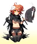  ahoge alternate_costume bandages black_legwear blush breasts cosplay fate/stay_night fate_(series) fujimaru_ritsuka_(female) hair_ornament hair_scrunchie hand_on_own_face highres hood hoodie looking_at_viewer mask medium_breasts nabenko one_side_up orange_eyes orange_hair scrunchie short_hair side_ponytail skull_mask thighhighs true_assassin true_assassin_(cosplay) underboob weapon yellow_scrunchie 