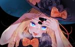  abigail_williams_(fate/grand_order) alicecrazy bangs black_background black_bow black_hair blonde_hair blue_eyes blush bow commentary fate/grand_order fate_(series) hat hat_bow head_tilt heavy_breathing keyhole long_hair looking_at_viewer multicolored multicolored_nails nail_polish open_mouth orange_bow orange_nails parted_bangs pink_nails saliva solo suggestive_fluid sweat tears tongue tongue_out upper_teeth witch_hat 