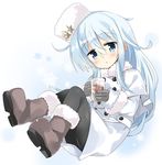  black_legwear blue_eyes boots commentary_request fur_trim glass hammer_and_sickle hat hibiki_(kantai_collection) highres hizuki_yayoi kantai_collection long_hair looking_at_viewer pantyhose silver_hair solo verniy_(kantai_collection) white_coat winter_clothes 