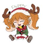  1girl alternate_hair_color bell blush boots bows christmas eyes_closed fang fluffy_ears horns league_of_legends long_hair otani_(kota12ro08) pointy_ears poppy ribbon smile twintails yordle 
