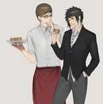  apron black_hair blazer brown_hair dress_shirt final_fantasy final_fantasy_xv food food_on_face glasses ignis_scientia jacket male_focus multiple_boys nagi_(siki2n) necktie noctis_lucis_caelum pastry school_uniform shirt sleeves_rolled_up spiked_hair striped striped_neckwear teenage younger 