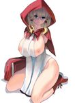  bag blonde_hair blue_eyes bookbag boots breast_squeeze breasts detached_sleeves elbow_gloves glasses gloves highres hood huge_breasts little_red_riding_hood_(grimm) long_hair looking_at_viewer masao nipples original simple_background smile solo thighs white_background white_gloves zipper 
