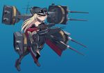  bare_shoulders bismarck_(kantai_collection) blonde_hair blue_background blue_eyes brown_gloves cannon detached_sleeves fujibejifu full_body gloves grey_legwear hat kantai_collection long_hair military military_uniform peaked_cap rigging simple_background solo turret uniform 