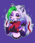  1girl animal_ear_piercing animal_ears bracelet breasts collar commentary_request crop_top earrings extra_ears eyeshadow five_nights_at_freddy&#039;s five_nights_at_freddy&#039;s:_security_breach grey_hair highres humanization jewelry large_breasts lipstick long_hair looking_at_viewer makeup midriff minami_(mnm-kyk) multicolored_hair multiple_earrings purple_background roxanne_wolf_(fnaf) solo spikes streaked_hair upper_body wolf_ears wolf_girl yellow_eyes 