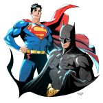  2boys artist_name batman batman_(series) batman_symbol belt black_cape black_hair blue_eyes bruce_lee cape clark_kent closed_mouth clothes_grab commentary cropped_legs cropped_torso dated dc_comics english_commentary haining hand_on_own_hip looking_at_viewer looking_up male_focus multiple_boys muscular muscular_male no_pupils red_cape simple_background smile superhero_costume superman superman_(series) superman_logo utility_belt white_background white_eyes yellow_belt 