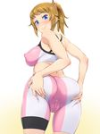  ass ass_grab bike_shorts blue_eyes breasts brown_hair cameltoe covered_anus covered_nipples from_behind gundam gundam_build_fighters gundam_build_fighters_try hoshino_fumina large_breasts looking_back ponytail shikuta_maru smile solo 