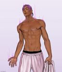  1boy aldaria male_focus nipples presenting purple_hair smile solo sportswear topless undressing 
