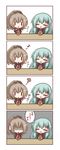  4koma :d =_= ? bangs blush brown_jacket collared_shirt comic commentary_request cup drink drinking drinking_glass drinking_straw eighth_note eyebrows_visible_through_hair green_eyes hair_between_eyes hair_ornament high_ponytail highres holding holding_cup jacket kantai_collection komakoma_(magicaltale) kumano_(kantai_collection) light_brown_hair long_hair long_sleeves multiple_girls musical_note open_mouth ponytail school_uniform shirt smile suzuya_(kantai_collection) sweatdrop translated turn_pale very_long_hair white_shirt ||_|| 