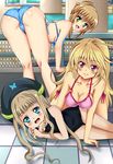  3girls ahoge ass bare_shoulders bent_over bikini blonde_hair blue_eyes blush breasts brown_hair cameltoe cleavage collarbone elle_mel_martha flat_chest from_behind green_eyes hair_bun hat leia_rolando long_hair looking_at_viewer looking_back lying medium_breasts milla_maxwell multiple_girls on_side one-piece_swimsuit open_mouth purple_eyes shiguko shiny shiny_clothes shiny_hair shiny_skin short_hair_with_long_locks sidelocks smile swimsuit tales_of_(series) tales_of_xillia tales_of_xillia_2 very_long_hair 