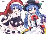  :3 :d ;d antinomy_of_common_flowers black_capelet blue_eyes blue_hair blush bow bowtie capelet collared_shirt commentary doremy_sweet dress food food_on_head fruit fruit_on_head hat hinanawi_tenshi laughing looking_at_viewer multiple_girls nightcap object_on_head one_eye_closed open_mouth peach pom_pom_(clothes) pose red_eyes reticule shirt smile soooooook2 touhou v w 