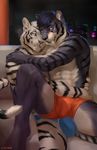  2017 anthro aolun_(character) black_stripes blue_eyes bulge chunie clothed clothing digital_media_(artwork) duo fangs feline fur grey_fur hair hi_res male male/male mammal muscular muscular_male on_lap orange_eyes saber-toothed_cat sabertooth_(feature) sitting sitting_on_lap smile stripes topless underwear white_fur 