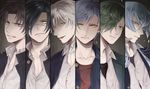  blue_hair brown_hair collarbone column_lineup eyepatch green_hair heshikiri_hasebe ichigo_hitofuri kousetsu_samonji male_focus medical_eyepatch multiple_boys open_mouth pectorals piisuke_(aishitenaiabc) purple_eyes school_uniform shokudaikiri_mitsutada split_screen touken_ranbu tsurumaru_kuninaga uguisumaru upper_body white_hair yellow_eyes 