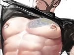  1boy abs bara beard facial_hair hanzo_(overwatch) lowres muscle nipples overwatch pecs piercing shirt_lift solo_focus tattoo undressing 