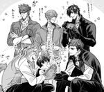  animal_ears azuki_nagamitsu_(touken_ranbu) bandages camera cape cosplay crossed_arms fake_animal_ears fingers_together frankenstein's_monster frankenstein's_monster_(cosplay) greyscale hair_over_one_eye halloween halloween_costume jacket kenshin_kagemitsu kouryuu_kagemitsu laughing long_hair long_sleeves looking_at_another male_focus monochrome multiple_boys mummy_costume ookanehira_(touken_ranbu) open_clothes open_jacket paws shokudaikiri_mitsutada short_hair stitches tail touken_ranbu uguisumaru vampire_costume waistcoat wolf_ears wolf_paws wolf_tail 