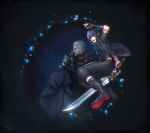  beard black_clothes black_hair black_jacket boots cape capri_pants engine_blade facial_hair father_and_son final_fantasy final_fantasy_xv gem grey_hair jacket multiple_boys nagi_(siki2n) noctis_lucis_caelum pants regis_lucis_caelum sword weapon 