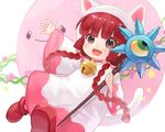  :d amy30535 animal_hood bell braid brown_eyes brown_footwear brown_hair cat_hood cat_tail holding holding_staff hood jingle_bell kukuri looking_at_viewer mahoujin_guruguru open_mouth petit_planet smile solo staff tail twin_braids white_robe 