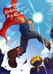  1boy arm_up black_hair blue_eyes blue_shirt blue_sky boots brown_footwear cape city clark_kent closed_mouth cloud dated dc_comics denim from_below haining happy_birthday highres jeans jumping light_rays male_focus metropolis_(dc) outstretched_arm pants red_cape shirt signature sky smile sun sunbeam sunlight superman superman_(series) superman_logo veins veiny_arms 