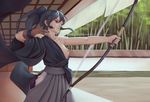  afterimage archery bare_shoulders bigrbear blurry blurry_background bow_(weapon) breasts brown_gloves closed_mouth commentary depth_of_field from_side gloves grey_hair hadanugi_dousa hakama highres holding holding_bow_(weapon) holding_weapon indoors japanese_clothes long_hair medium_breasts motion_blur nipples no_bra one_breast_out original partly_fingerless_gloves ponytail profile red_eyes solo standing weapon yumi_(bow) 