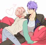 a3! arm_support blue_eyes denim eye_contact food heart hyodou_juuza jacket jeans letterman_jacket looking_at_another male_focus multiple_boys pants pink_hair pocky pocky_kiss purple_hair sakisaka_muku shared_food yaoi 