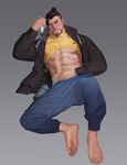  1boy abs alcohol bara barefoot black_air blush drunk facial_hair feet full_body hanzo_(overwatch) looking_at_viewer lying male_focus muscle overwatch piercing shirt_lift solo steam toes wince 