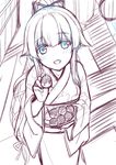  blush eyebrows_visible_through_hair feeding food from_above hair_flaps hair_ribbon japanese_clothes kantai_collection kimono long_hair looking_at_viewer looking_up minamura_haruki open_mouth ponytail ribbon sidelocks sketch smile solo takoyaki very_long_hair yukata yura_(kantai_collection) 