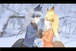  animal_ears black_gloves black_neckwear black_skirt blonde_hair blue_jacket blurry bow bowtie breast_pocket buttons depth_of_field extra_ears eye_contact ezo_red_fox_(kemono_friends) fox_ears fox_tail frame fur_collar gloves hands_together highres jacket kemono_friends long_hair long_sleeves looking_at_another me_(dafeitu) multiple_girls necktie orange_jacket outdoors pleated_skirt pocket silver_fox_(kemono_friends) silver_hair skirt snow tail tree white_neckwear yellow_eyes yellow_neckwear 