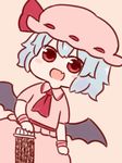  :d ascot bangs batta_(ijigen_debris) blue_hair blush_stickers chibi fang food hat holding looking_at_viewer mob_cap nattou open_mouth pink_background pink_hat pink_shirt pink_skirt red_eyes red_neckwear remilia_scarlet shirt short_hair short_sleeves simple_background skirt smile solo touhou wings wristband 