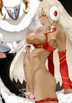  1girl afterimage altera_(fate) altera_the_santa animal_costume arched_back arm_support armpits bar_censor bare_shoulders black_background blonde_hair blush bottomless bouncing_breasts breasts breasts_outside censored choker cum cum_in_pussy dark_skin detached_sleeves earmuffs fate/grand_order fate_(series) female_ejaculation forehead_protector from_side hetero hews_hack long_sleeves mask medium_breasts navel nipples open_mouth panties panties_around_one_leg penis puffy_nipples pussy rainbow red_choker red_eyes red_panties ribbon sex sheep sheep_costume short_hair simple_background solo_focus stomach straddling sweat thighs tongue tongue_out underwear vaginal veil white_ribbon 