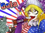  american_flag american_flag_dress bald_eagle bird blonde_hair clownpiece drinking_straw eagle english eyeliner forehead_tattoo hair_between_eyes hat jester_cap legacy_of_lunatic_kingdom long_hair long_sleeves looking_at_viewer makeup open_mouth pale_skin pointy_ears ryuuichi_(f_dragon) sharp_teeth sharp_tongue soda soda_bottle solo star star-shaped_pupils statue_of_liberty symbol-shaped_pupils teeth tongue tongue_out touhou yellow_eyes 