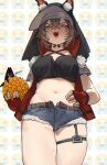  1girl absurdres animal_ear_fluff animal_ears arknights belt black_shirt blush brown_belt brown_hair caper_(arknights) collared_jacket commentary cowboy_shot crop_top cropped_shirt crying_emoji denim denim_shorts drink drinking_straw emoji english_commentary fang fingerless_gloves from_below gloves grey_shorts hair_between_eyes hand_on_own_stomach head_scarf high_collar highres holding holding_drink jacket meme mesugaki micro_shorts mole mole_on_thigh navel open_clothes open_fly open_jacket open_mouth orange_eyes prouxtato red_gloves red_jacket shirt short_hair short_sleeves shorts skindentation solo standing stomach thigh_strap uohhhhhhhhh!_(meme) 