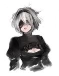  black_blindfold black_dress black_hairband blindfold cleavage_cutout covered_eyes dress grey_hair gyullim hairband highres lips messy_hair mole mole_under_mouth nier_(series) nier_automata short_hair simple_background sketch solo upper_body white_background yorha_no._2_type_b 