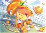  1girl animal ball commentary_request cookie_run cookie_run:_braverse cup food food-themed_creature fruit full_body holding holding_cup leaf mini_orange_mouse mouse_(animal) official_art one_eye_closed orange_(fruit) orange_cookie orange_hair orange_slice pikett_iv ponytail racket sitting tennis tennis_ball tennis_racket visor_cap 