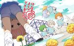  a3! blue_shirt blue_sky child closed_eyes cloud cloudy_sky dandelion day flower flower_(symbol) green_hair grin ikaruga_misumi jumping jungle_gym kindergarten kindergarten_uniform miyoshi_kazunari multiple_boys name_tag running rurikawa_yuki sakisaka_muku shirt shorts skirt sky smile socks sumeragi_tenma younger 