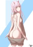  1girl absurdres ass back blue_eyes blush breasts cropped_legs darling_in_the_franxx dimples_of_venus eyes_visible_through_hair highres horns ichikawayan long_hair looking_at_viewer looking_back medium_breasts meme_attire pink_hair sideboob smile solo sweater virgin_killer_sweater white_background zero_two_(darling_in_the_franxx) 