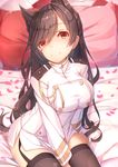  animal_ears arm_at_side atago_(azur_lane) azur_lane bangs between_legs black_legwear blurry blush breasts brown_eyes brown_hair closed_mouth commentary_request depth_of_field extra_ears eyebrows_visible_through_hair garter_straps hand_between_legs head_tilt indoors large_breasts long_hair long_sleeves looking_at_viewer military military_uniform mole mole_under_eye on_bed petals pillow pink_pillow red_pillow sitting sitting_on_bed smile solo tatapopo thighhighs uniform very_long_hair wavy_hair 
