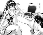  1boy 1girl barefoot breasts cleavage eyes_closed feet glasses hairband head_rest laptop large_breasts long_hair monochrome one_leg_raised parted_lips sitting toes 