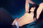  1boy akubaka black_hair bleach erection lying male_focus penis sitting solo topless 