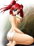  1girl feet gundam gundam_seed gundam_seed_destiny ice_cream looking_at_viewer meyrin_hawke no_bra onoe panties purple_eyes red_hair solo topless twintails underwear 