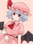  ascot bangs batta_(ijigen_debris) blue_hair blush closed_mouth hat looking_at_viewer mob_cap pink_background pink_hat pink_shirt pink_skirt puffy_short_sleeves puffy_sleeves red_eyes red_neckwear remilia_scarlet shirt short_hair short_sleeves simple_background skirt solo touhou wings wristband 